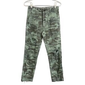 AMO Anthropology Women Distressed Spring Camo Green Pants Size 24 Crop Army pant